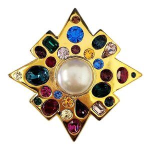 Kenneth Jay Lane, Gold Multi-Gem Cross Pin